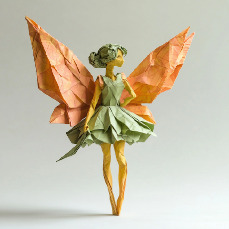 Origami fairy sculpture with orange wings and a green dress